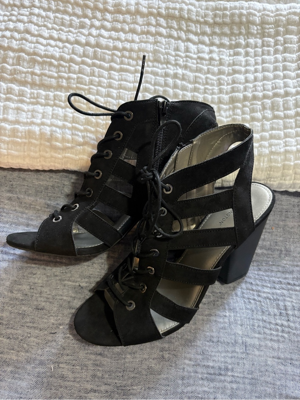 Black lace-up caged high-heel sandal
